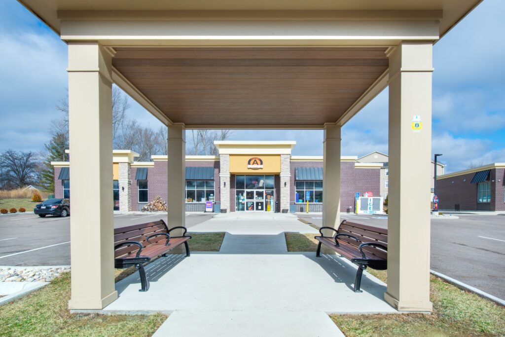 Covered picnic pavilion outside a gas station