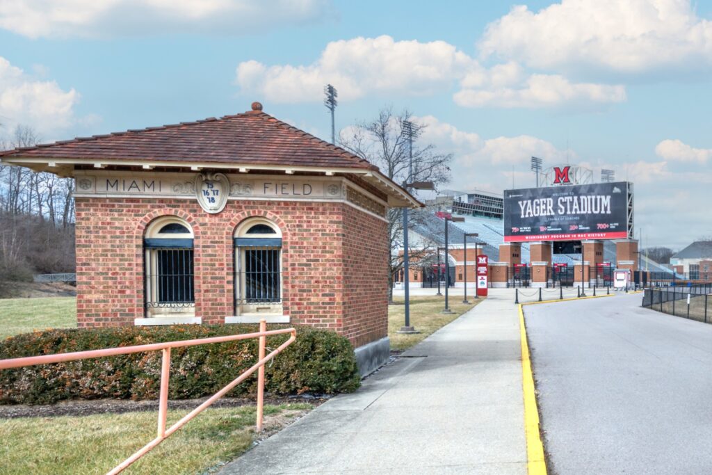 Parking lot entrance and booth for Yager Stadium at Miami University